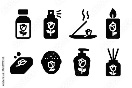 Rose Fragrances Icons. Solid, filled icon set of rose fragrances: rose essential oil, rose perfume spray, rose incense, rose candle, rose soap bar, rose bath
