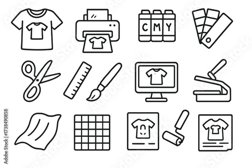 Custom Apparel Tools. Hand-drawn doodle illustration custom apparel printing t-shirt, printer, ink cartridges, color palette, scissors, ruler, computer