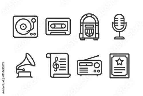 Retro Music Icons. Outline icon set of song history: vinyl player, cassette tape, jukebox, old microphone, gramophone, sheet music scroll, retro radio, vintage