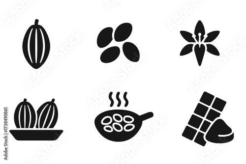 Cocoa Bean Icons. Solid, filled icon set of cocoa beans: cocoa pod, cocoa beans, cocoa flower, harvested pods, drying beans, roasting beans, cocoa powder,