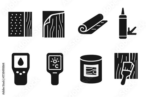 Insulation Icon Set. Solid, filled icon set of wooden wall insulation and protection: insulation panel, vapor barrier, weather stripping, sealant tube,