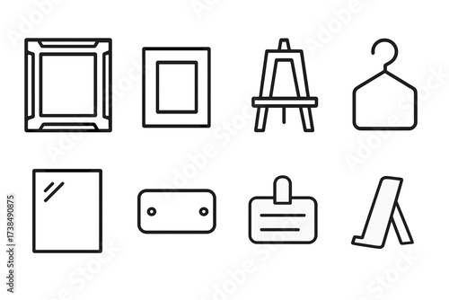 Portrait Icon Set. Outline icon set of portrait framing: picture frame, matting, easel, hanging hook, glass pane, plaque, name tag, photo stand. Line icons in