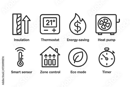 Heating Efficiency Icons. Outline icon set of heating efficiency: insulation, thermostat programming, energy saving, heat pump, smart sensor, zone control, eco