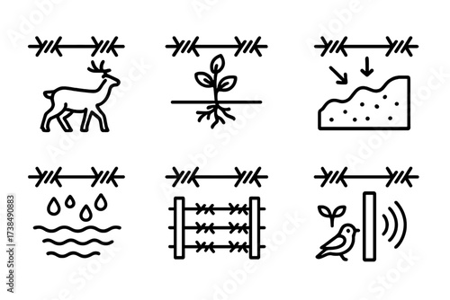 Barbed Wire Impact Icons. Outline icon set of barbed wire environmental impact: wildlife hazard, vegetation damage, erosion, soil compaction, water runoff,