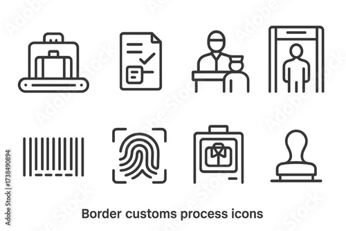Customs and Castles Icons. Outline icon set of border customs process: luggage scanner, declaration form, passport control, security check, barcode,