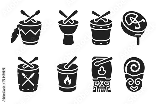 Cultural War Drums Icons. Solid, filled icon set of war drum cultural tribes: Native American, African, Japanese, Celtic, Viking, Mongol, Aztec, Maori. Solid,