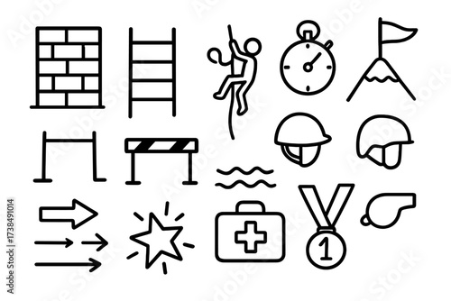 Obstacle Challenge Icons. Hand-drawn doodle illustration obstacle challenge wall, ladder, rope, person climbing, flag, stopwatch, mountain, hurdle, water,