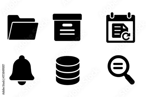 Contract Management Icons. Solid, filled icon set of contract management: folder, archive box, checklist, calendar, contract renewal, reminder bell, database,