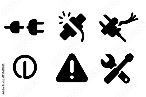 Plug Troubleshooting Icons. Solid, filled icon set of plug troubleshooting: unplugged cable, loose connection, broken plug, frayed cable, power failure,