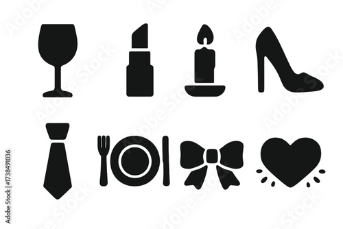 Date Night Icons. Solid, filled icon set of date night: wine glass, lipstick, candle, stiletto shoe, silk tie, dinner plate, satin ribbon, glowing heart.