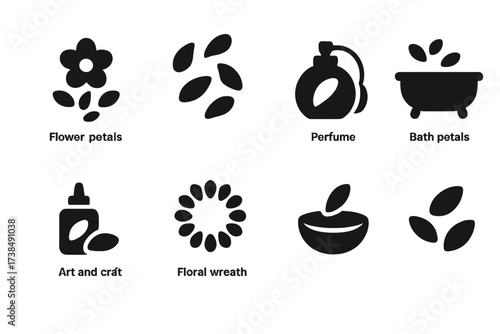 Petal Icon Collection. Solid, filled icon set of petals uses: flower decoration, wedding confetti, potpourri, perfume ingredient, bath petals, art and craft,