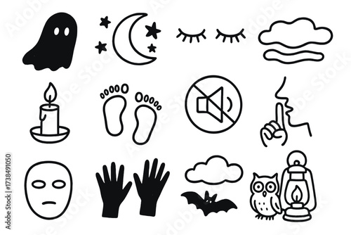 Nighttime Silence Symbols. Hand-drawn doodle illustration darkness and silence shadow, moon, stars, closed eyes, fog, candle, footsteps, quiet symbol, silence
