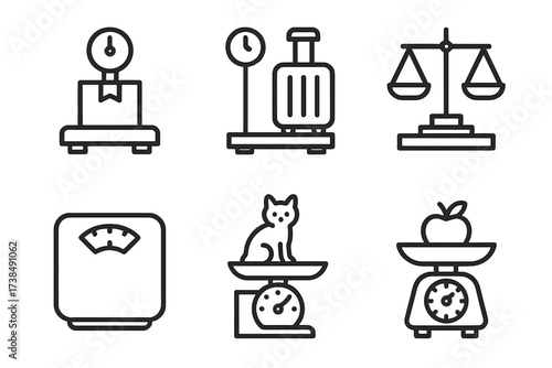 Various Scale Icons. Outline icon set of weighing scenarios: parcel scale, luggage scale, food scale, lab scale, body weight scale, animal scale, postal scale,