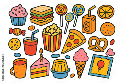 Colorful Party Treats. Party Food. Colorful Hand-drawn doodle Children illustration Party Food cupcakes, sandwiches, juice box, fruit slices, lollipops, candy,