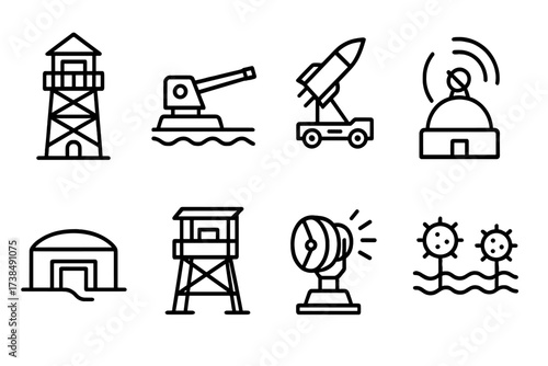 Coastal Defense Icons. Outline icon set of coastal defense installations: watchtower, coastal artillery gun, missile launcher, radar station, bunker,
