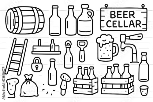 Beer Cellar Doodles. Hand-drawn doodle illustration Beer cellar barrel, bottle, growler, crate, glass, cork, opener, shelf, ladder, tap, mug, foam, sack, lock,