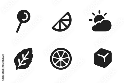 Mojito Flavor Icons. Solid, filled icon set of mojito taste and texture: sweet, sour, fizzy, refreshing, minty, citrusy, smooth, cold. Solid, filled icons in