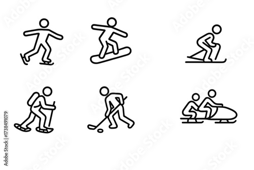 Winter Sport Icons. Outline icon set of glide in winter sports: ice skating, snowboarding, skiing, sledding, snowshoeing, ice hockey, curling, bobsledding.