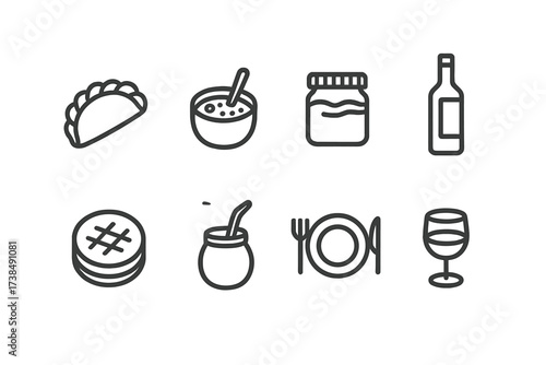 Argentinian Cuisine Icons. Outline icon set of Argentinian food: empanada, chimichurri sauce, dulce de leche, asado grill, alfajor, provoleta cheese, yerba