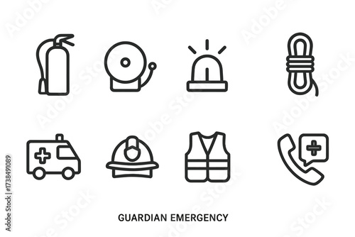 Emergency Icons Grid. Outline icon set of guardian emergency response: fire extinguisher, emergency bell, siren light, rescue rope, ambulance, firefighter