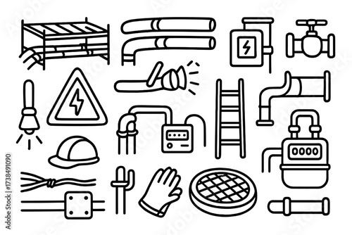 Utility Tunnels Doodle. Hand-drawn doodle illustration Underground utility tunnels cable trays, pipes, control box, valve, warning sign, flashlight, ladder,
