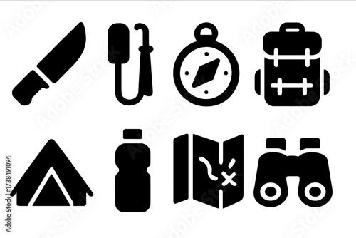 Wild Survival Tools Icons. Solid, filled icon set of wild survival tools: knife, fire starter, compass, backpack, tent, water bottle, map, binoculars. [Line