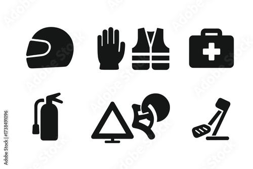 Driver Safety Icons. Solid, filled icon set of driver safety: helmet, safety gloves, high visibility vest, first aid kit, fire extinguisher, warning triangle,