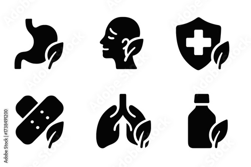 Herbal Uses Icon Set. Solid, filled icon set of herbal uses: digestion aid, relaxation, skin care, immune support, pain relief, anti-inflammatory, respiratory