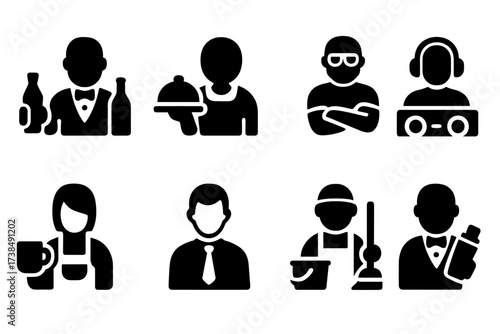Bar Staff Icons. Solid, filled icon set of bar staff roles: bartender, server, bouncer, DJ, barista, manager, cleaner, cocktail mixer. Solid, filled icons in