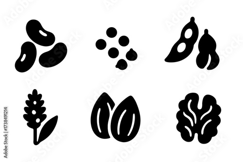 Plant Protein Icons. Solid, filled icon set of plant-based proteins: beans, lentils, chickpeas, soybeans, quinoa, almonds, pumpkin seeds, walnuts. [Line icons