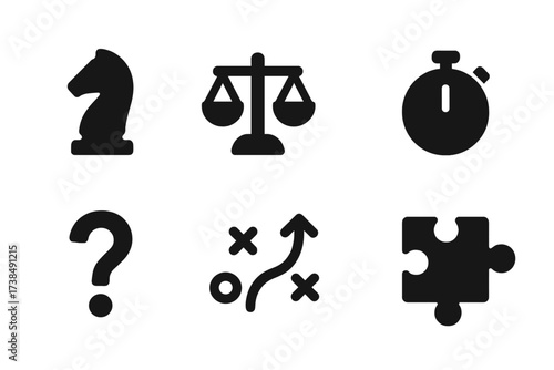 Negotiation Icon Set. Solid, filled icon set of negotiation tactics: chess piece, scales, megaphone, timer, question mark, balance, strategy map, puzzle piece.