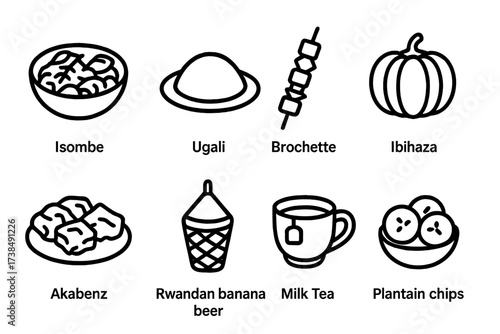 Rwandan Cuisine Icons. Outline icon set of Rwandan cuisine: Isombe, Ugali, Brochette, Ibihaza (pumpkin), Akabenz (fried pork), Rwandan banana beer, Milk tea,