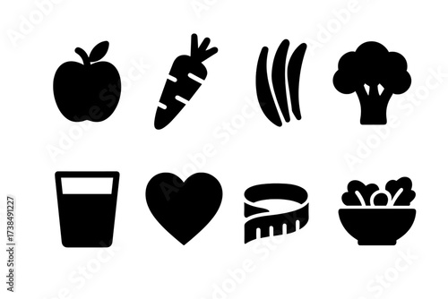 Healthy Eating Icons. Solid, filled icon set of healthy eating: apple, carrot, green beans, broccoli, water glass, heart, measuring tape, salad bowl. [Line