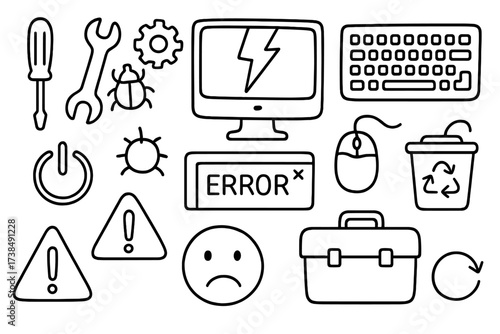 Computer Repair Doodles. Hand-drawn doodle illustration computer repair tools screwdriver, wrench, gears, broken monitor, keyboard, mouse, power button, bug