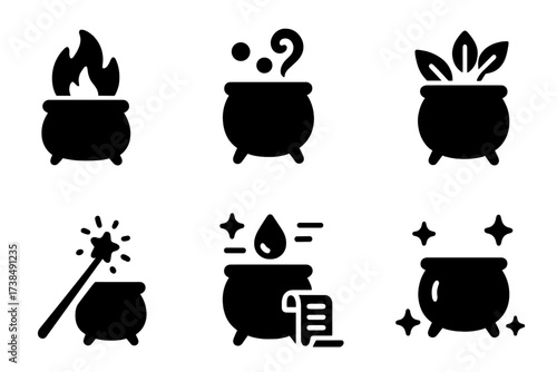 Magical Icon Set. Solid, filled icon set of magical cauldron scenes: cauldron on fire, potion bubbles, mystical smoke, enchanted herbs, magic wand, glowing