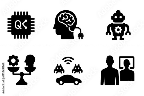 AI Future Trends Icons. Solid, filled icon set of AI future trends: quantum computing, brain-machine interface, general AI, swarm robotics, AI