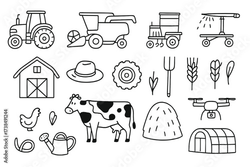 Modern Agriculture Icons. Hand-drawn doodle illustration Modern agriculture tools tractor, combine harvester, seed drill, irrigation system, barn, farmer hat,