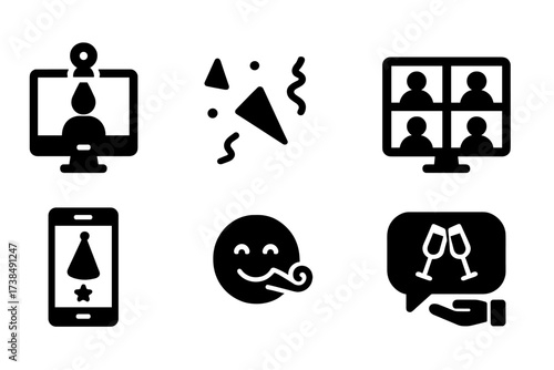 Virtual Celebration Icons. Solid, filled icon set of virtual celebrants: webcam party, confetti emoji, virtual toast, online group screen, digital invite,