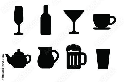 Banquet Beverage Icons. Solid, filled icon set of banquet beverages: champagne glass, wine bottle, cocktail glass, coffee cup, tea pot, water pitcher, beer