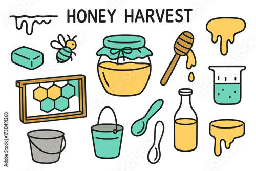 Honey Harvest Doodle. Honey harvest. Hand-drawn doodle illustration honey harvest honey jar (colored), honey dipper (colored), honeycomb frame, dripping honey