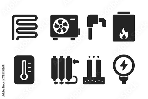 Geothermal Heating Icons. Solid, filled icon set of geothermal heating systems: ground loop, heat pump, insulated pipe, boiler, thermostat, radiator,