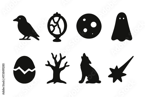 Dark Omens Icons. Solid, filled icon set of dark omens: black crow, broken mirror, blood moon, shadow figure, cracked egg, dead tree, howling wolf, falling