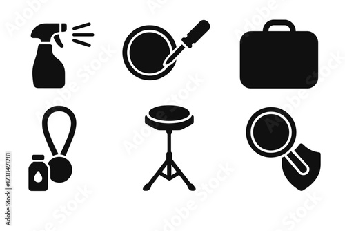 Practice Pad Icon Set. Solid, filled icon set of practice pad maintenance: cleaning, surface replacement, storage case, strap, stand, inspection, rubber