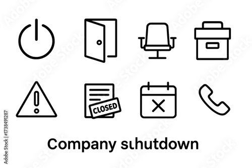 Company Shutdown Icons. Outline icon set of company shutdown: power off button, exit door, file archive box, empty desk, warning sign, document stamped
