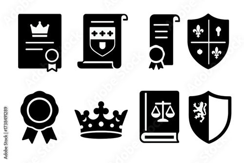 Peerage Icon Set. Solid, filled icon set of peerage documents: title deed, peerage patent, scroll, coat of arms, wax seal, coronet, legal book, heraldic
