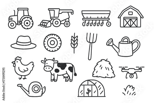 Modern Agriculture Icons. Hand-drawn doodle illustration Modern agriculture tools tractor, combine harvester, seed drill, irrigation system, barn, farmer hat,