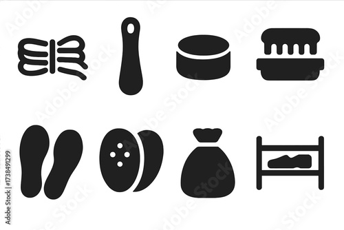 Shoe Accessories Icons. Solid, filled icon set of shoe accessories: shoelace, shoehorn, shoe polish, shoe brush, insoles, heel pads, shoe bag, shoe rack.