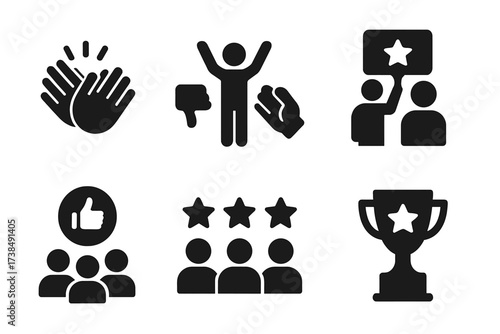 Performance Feedback Icons. Solid, filled icon set of performance feedback: applause, standing ovation, critique, review, encore, audience reaction, ratings,