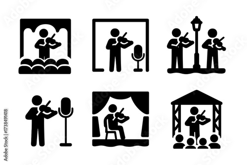 Violin Performance Icons. Solid, filled icon set of violin performance settings: concert hall, rehearsal room, street performance, recording studio, chamber