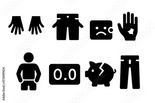 Empty Pockets Icons. Solid, filled icon set of empty pockets: turned out pockets, empty jeans pockets, sad wallet, no coins, torn pocket lining, hands in
